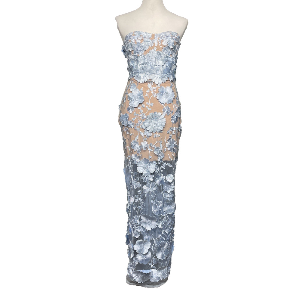 NWT Innovare Denim 3D Floral Lace Strapless Maxi Dress L Sheer Overlay Lt Blue